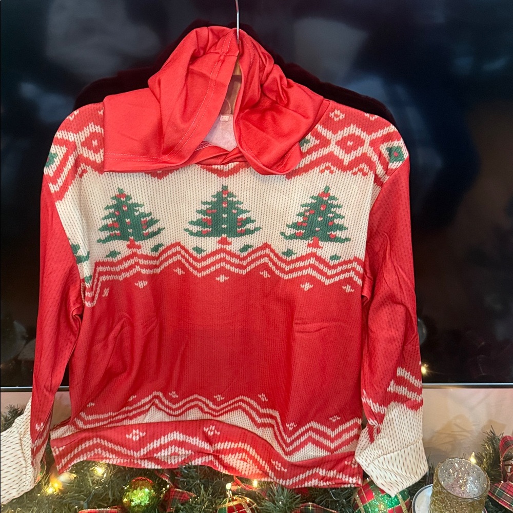Christmas Tree Fair Isle Print Hoodie Holiday Sweatshirt Red - Picture 4 of 9